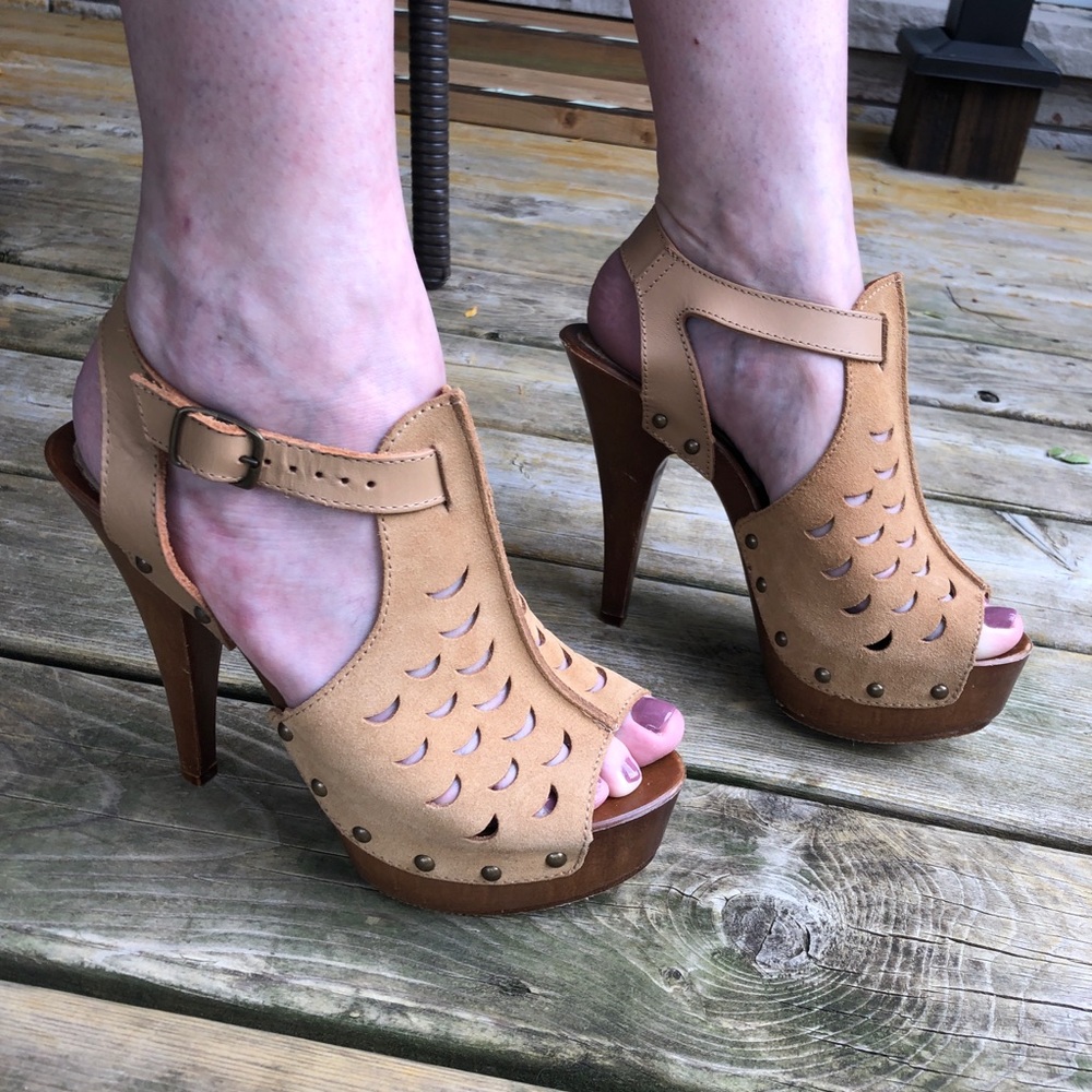 Italian Leather Platform Wood Heels Clogs Sandals